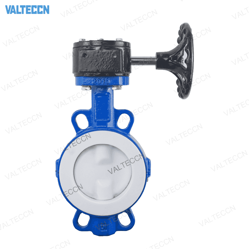 PTFE Lined Wafer Butterfly Valve with Worm Gear, Ductile iron body