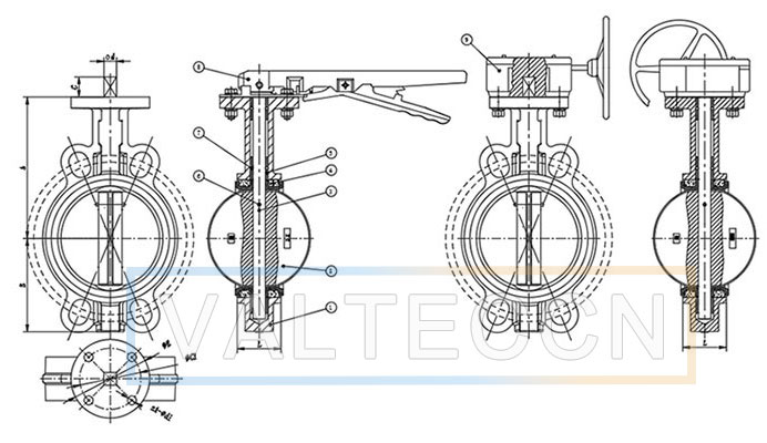 Worm Gear Operated PTFE Seat Wafer Butterfly Valve Drawing