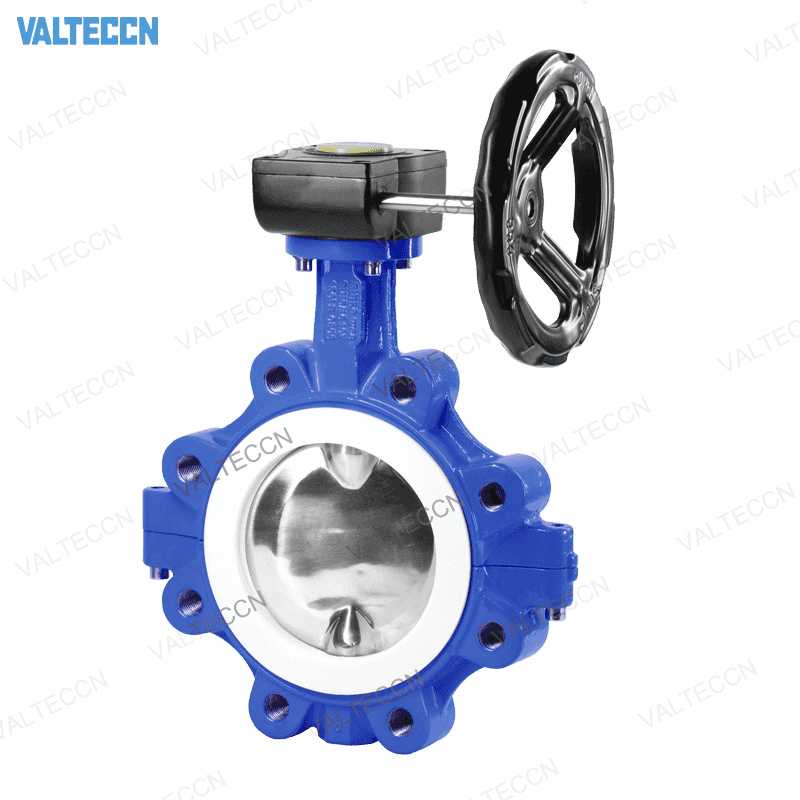PTFE Lined Lug Butterfly Valve with Worm Gear, Ductile iron body