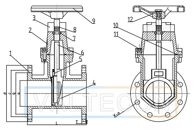 Non Rising Stem Resilient Seated Gate Valve BS 5163 Drawing