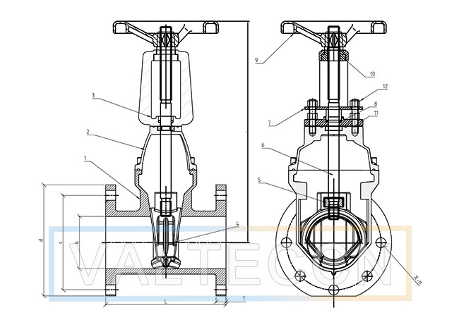 Rising Stem Resilient Seated Gate Valve DIN F4 Drawing